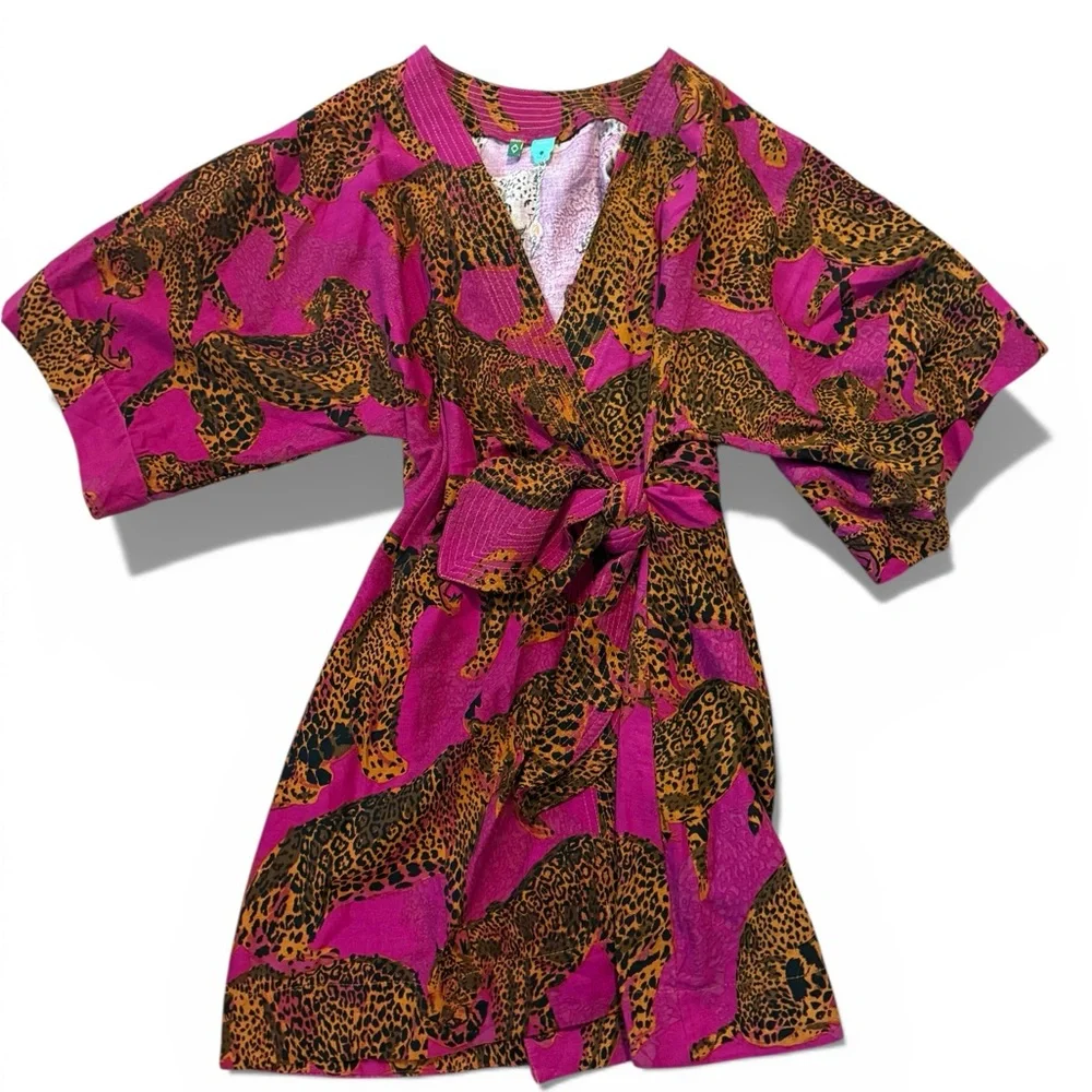 Farm Rio Rare Linen Leopard Print Wrap Dress, sz Small, P - Picture 1 of 6